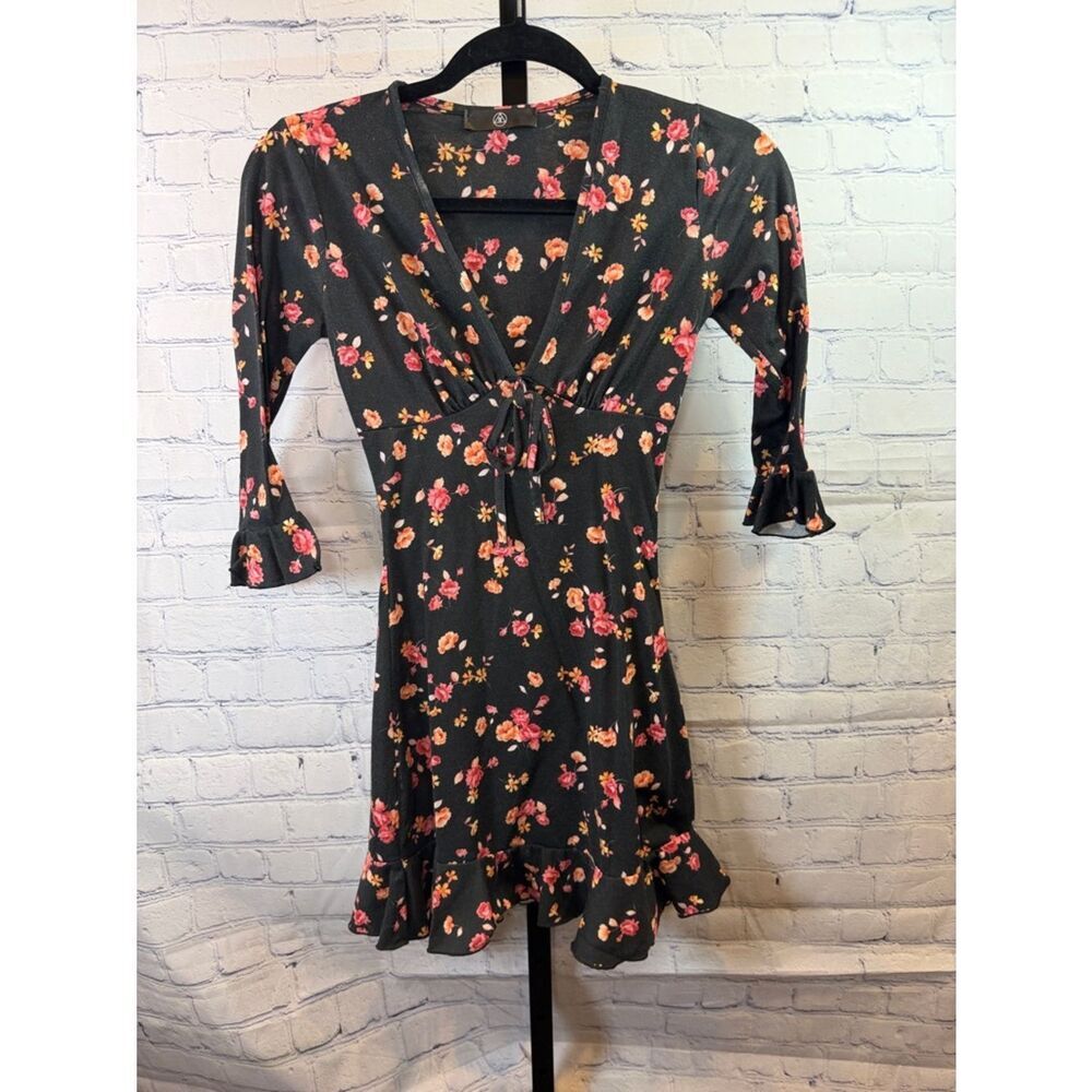 Missguided Black Mini Dress with Pink & Orange Floral Print
